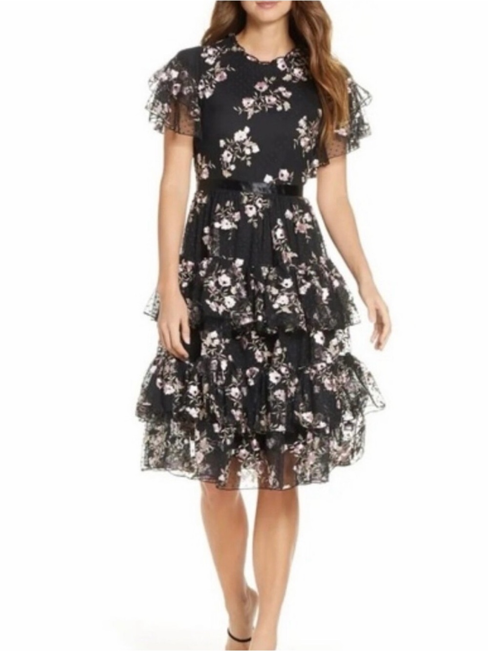 Rachel Parcell Black Floral Embroidered Tiered Mesh Dress